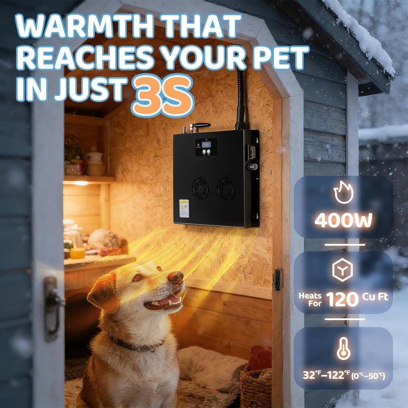 briidea WiFi Dog House Heater 400W with LoRa Technology Up to 1200ft Long Range, 3s Fast PTC Heating, Adjustable 32–122°F for 120 Cu Ft, 11.5ft Anti-Chew Cord, 2.4 & 5GHz Dual-Band WiFi - Image 4